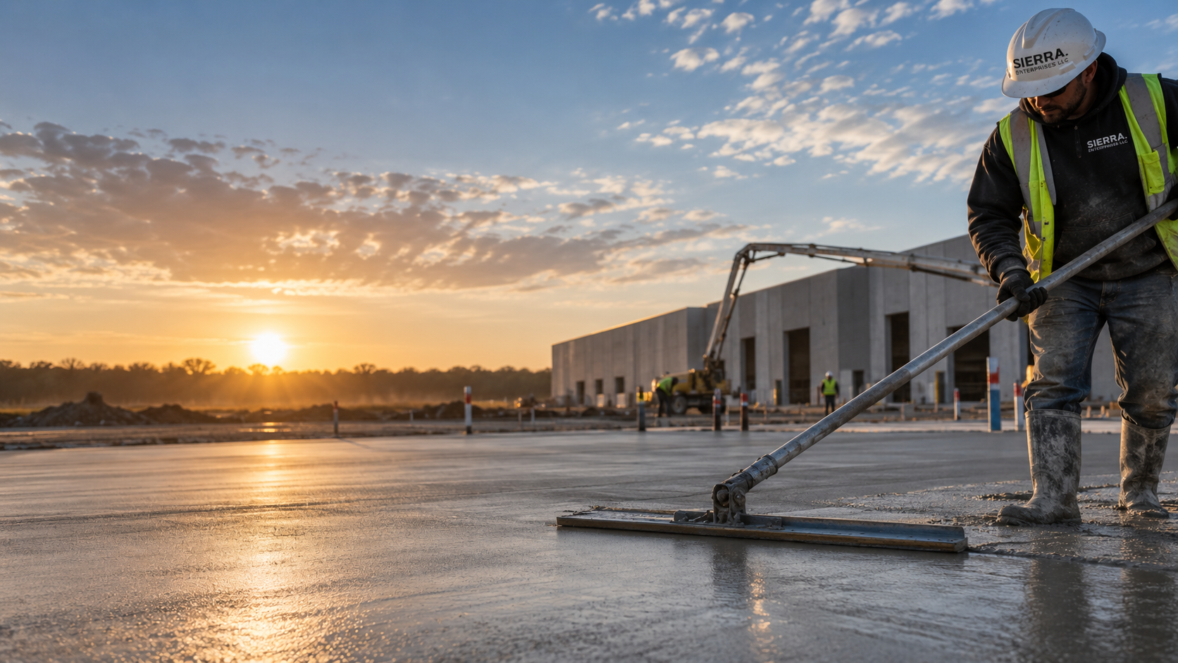Concrete finishing at a large commercial construction site
